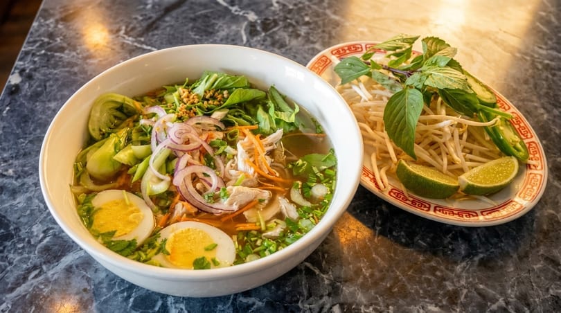 A bowl of pho with chicken, vegetables, and eggs, alongside a plate of bean sprouts, lime, and basil.