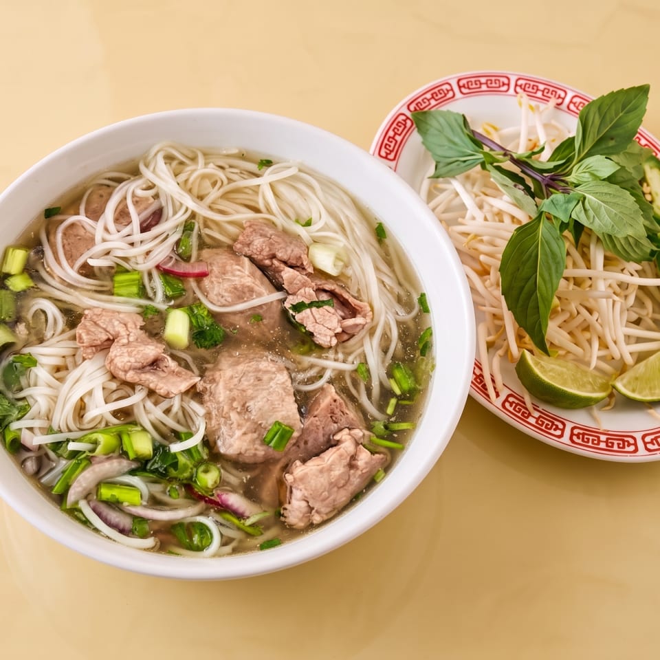 Bowl of pho with noodles, meat, and broth, served with a side of fresh garnishes.