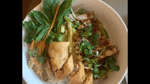 V3. Grilled Pork and Egg Rolls Vermicelli Bowl.