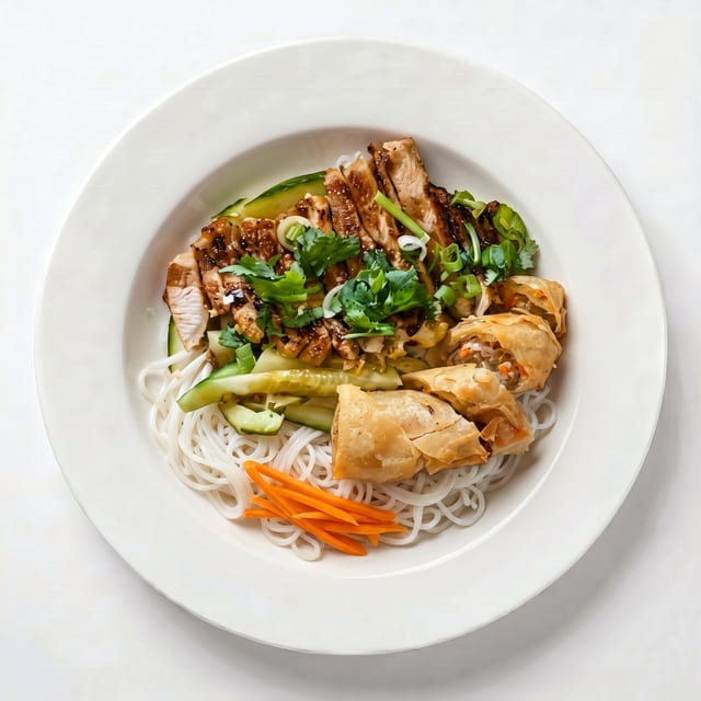 V1. Vermicelli Bowl and Sliced Eggroll.