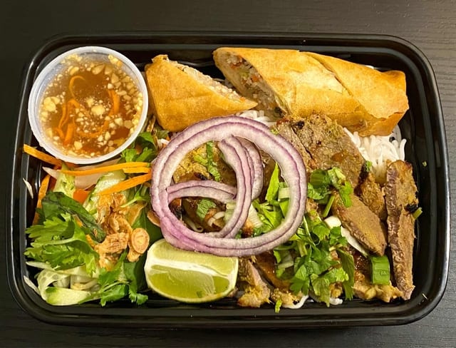 V1. Grilled Lemongrass Sliced Beef and Egg Roll Vermicelli Bowl.