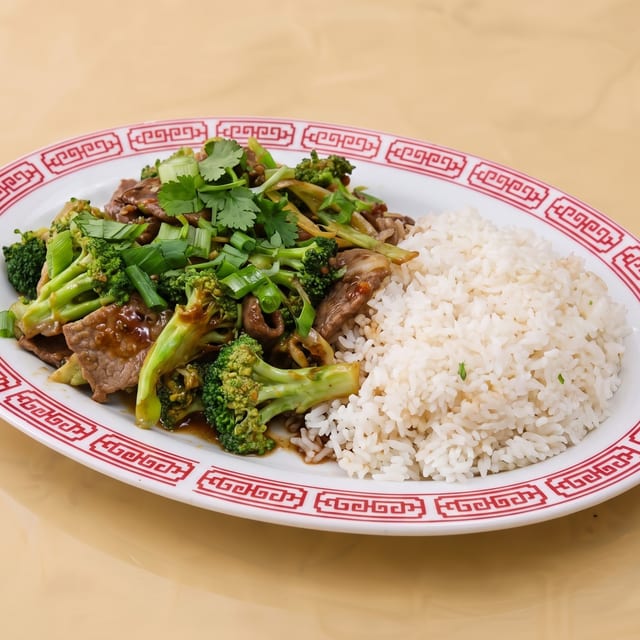 Stir Fried Chinese Broccoli Beef Rice Plate.