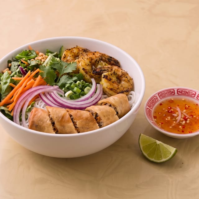 Grilled Shrimp and Egg Roll Vermicelli Bowl.